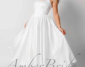 Tea Length Satin Wedding Dress, Strapless Corset Bodice with Dropped Basque Waist