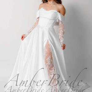 Modern Satin Wedding Dress Off Shoulder A Line Dress Wedding Whimsical Long Sleeve Lace Bridal Dress Lace Slit Elegant Wedding Gown Corset
