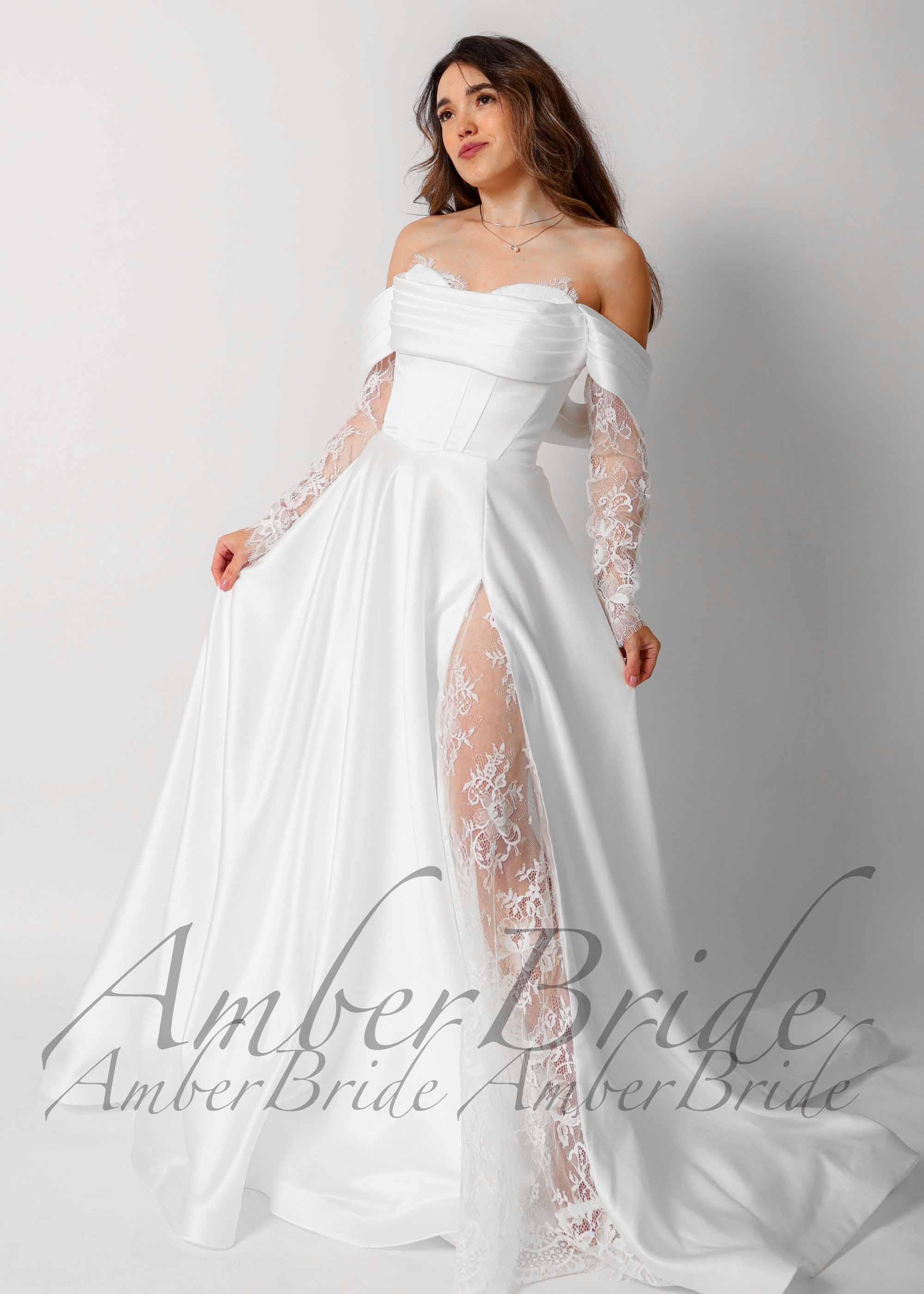 Modern Satin Wedding Dress Off Shoulder A Line Dress Wedding Whimsical Long Sleeve Lace Bridal Dress Lace Slit Elegant Wedding Gown Corset Modern Satin Wedding Dress Off Shoulder A Line Dress Wedding Whimsical Long Sleeve Lace Bridal Dress Lace Slit Elegant Wedding Gown Corset