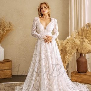 Boho A Line Wedding Dress Long Sleeve Lace Dress Wedding Bohemian Embroidered Bridal Dress Detachable Sleeve Wedding Gown Boheme Wedding