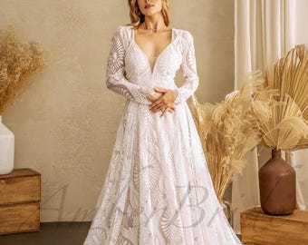 Boho A Line Wedding Dress Long Sleeve Lace Dress Wedding Bohemian Embroidered Bridal Dress Detachable Sleeve Wedding Gown Boheme Wedding