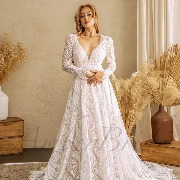 Boho A Line Wedding Dress Long Sleeve Lace Dress Wedding Bohemian Embroidered Bridal Dress Detachable Sleeve Wedding Gown Boheme Wedding