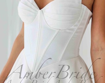 V Baskische taille trouwjurk strapless satijnen korset bruidsjurk A-lijn prinsessenbruid