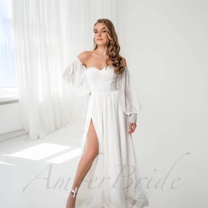 Glittery Wedding Dress Long Puffy Sleeve Wedding Dress Elegant Wedding Dress Strapless Wedding Dress Unique Wedding Dress Modern Wedding