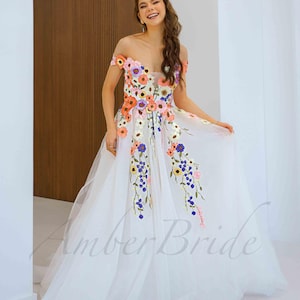 Colorful Floral Wedding Dress Off Shoulder A Line Tulle Dress Wedding with Flowers Romantic Wildflower Bridal Dress Fairy Wedding Gown
