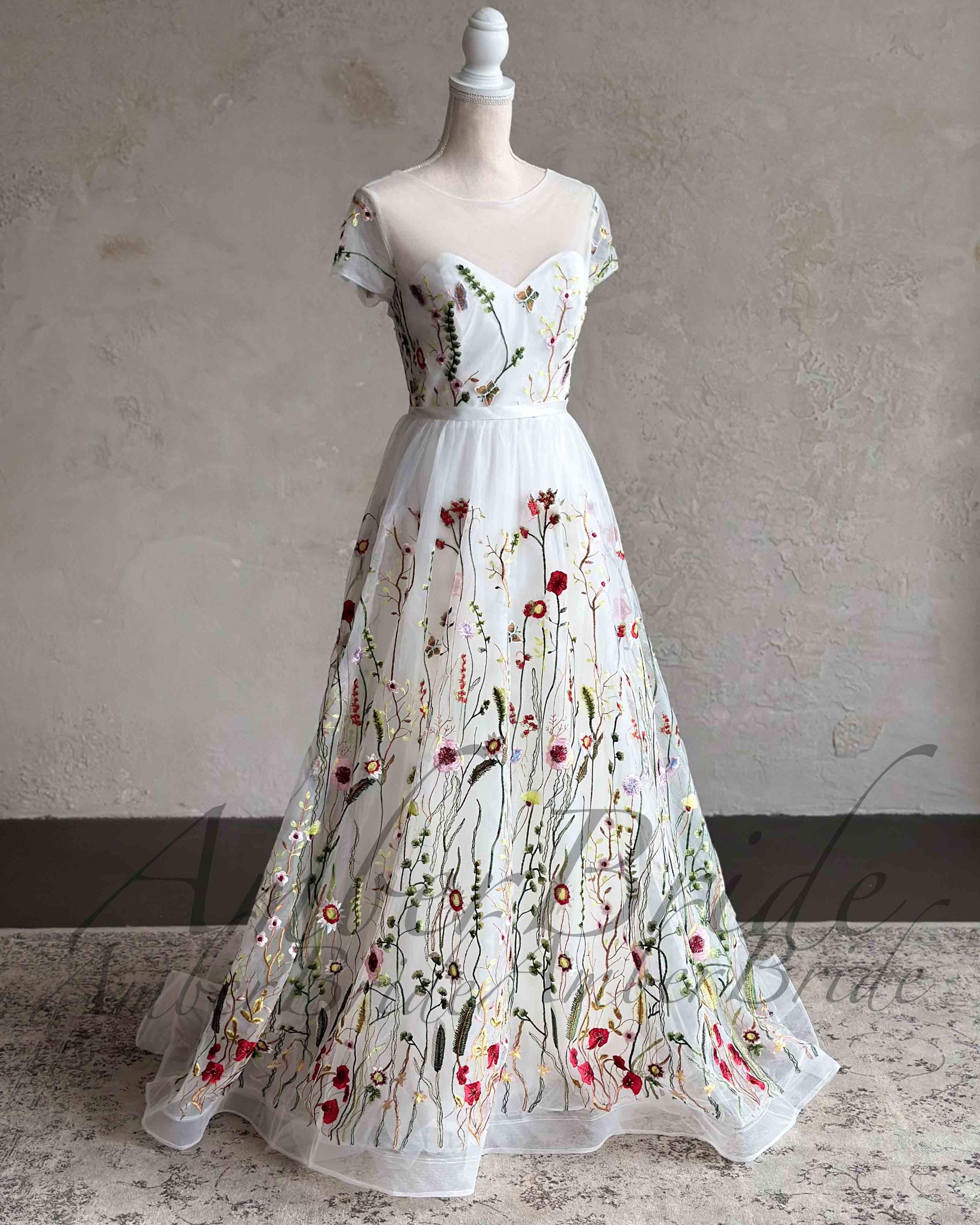 Colorful Floral Wedding Dress Short Sleeve Fantasy Dress