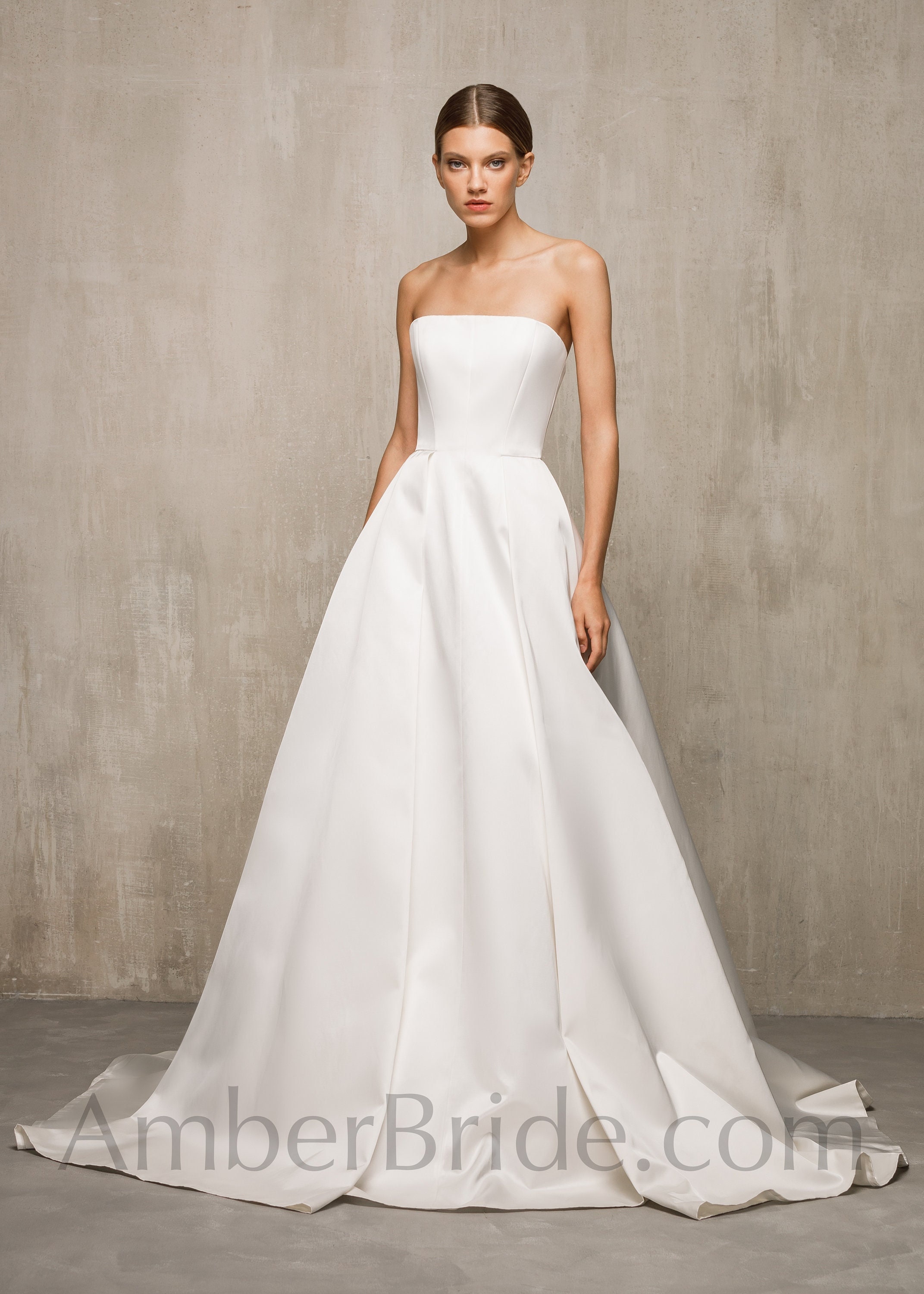 Modest Wedding Dress White Ball Gown, Satin Strapless Wedding Gown