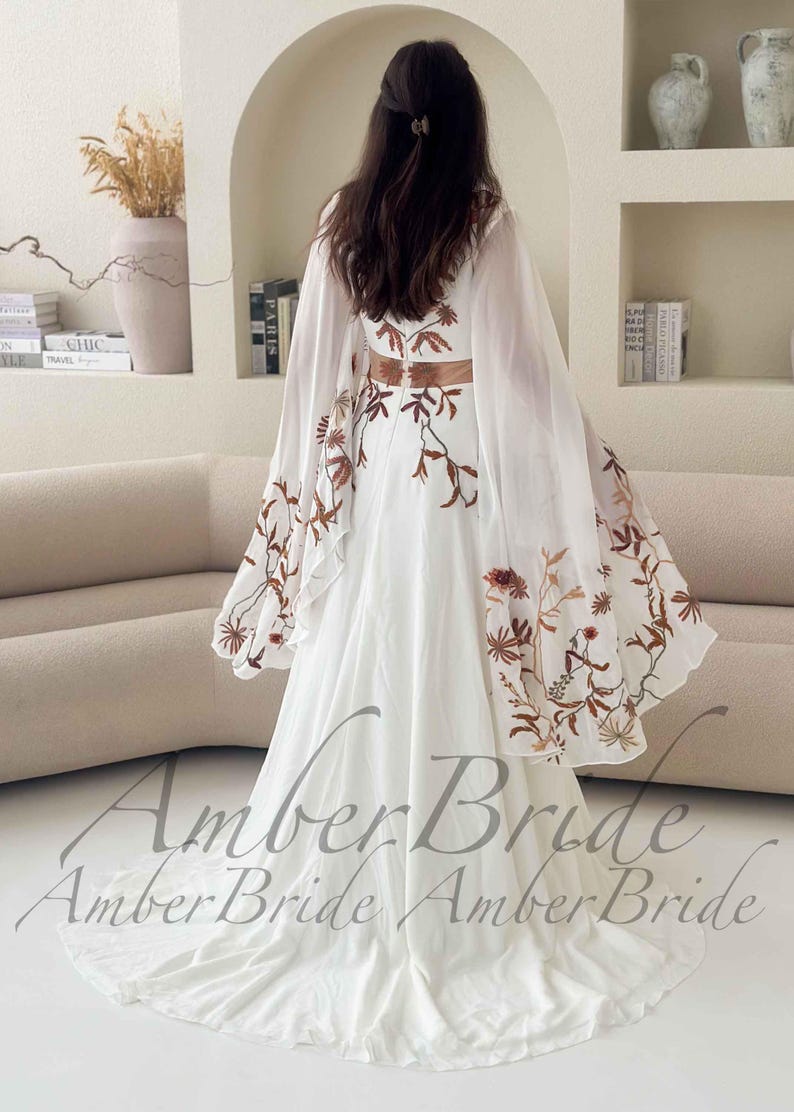 Boho Wedding Dress with Dramatic Butterfly Sleeves, 70s Inspired Floral Bridal Gown, Sheer Waist A-Line Dress, Unique Colorful Embroidery image 7