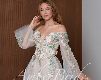 Off Shoulder Bell Sleeve Wedding Dress with 3D Floral Applique A-Line Tulle Boho Dress
