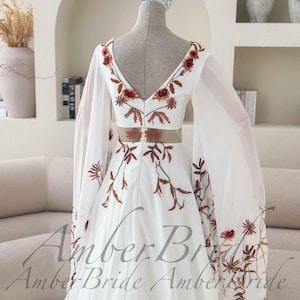 Terracotta Floral Wedding Dress with Wide Cape Sleeves Boho Rust Embroidery Bridal Gown Chiffon V-Neck Dress for Autumn Wedding Desert Bride image 10