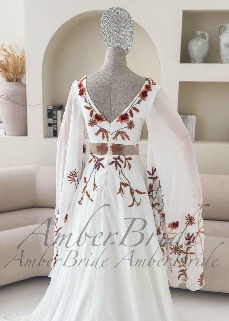 Terracotta Floral Wedding Dress with Wide Cape Sleeves Boho Rust Embroidery Bridal Gown Chiffon V-Neck Dress for Autumn Wedding Desert Bride image 10