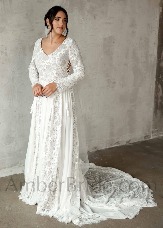 a line western wedding dress A Line V Neck Lace Appliques Boho Wedding Dress with Sweep Train QW2654 US4 / Custom Color