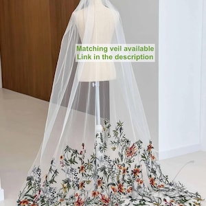 Boho Floral Wedding Dress Cape Sleeve Embroidered Dress Wedding Colorful Wildflower Wedding Gown Hippie Long Wide Sleeve Bridal Dress Fairy image 9