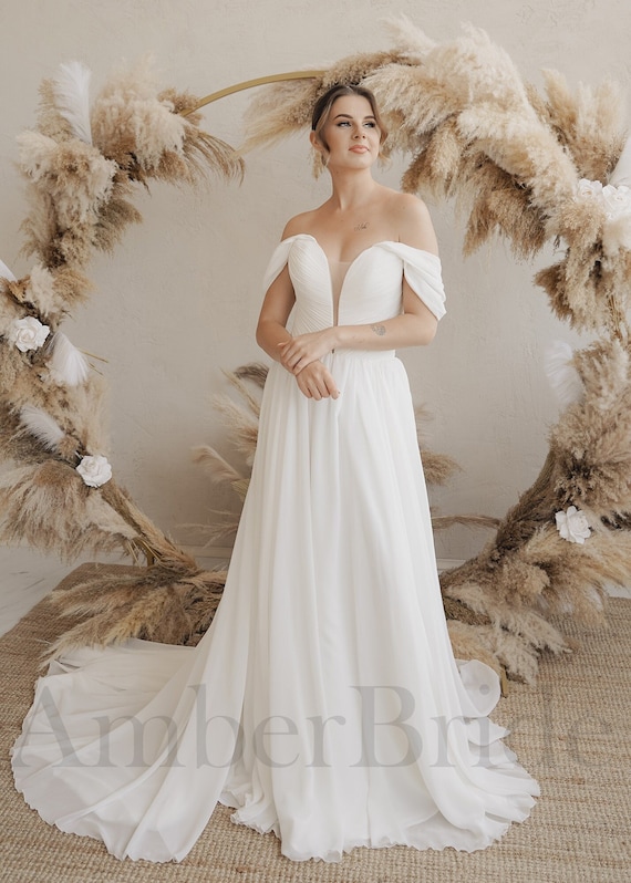 Pleats Off The Shoulder White Long Sleeve Chiffon Wedding Dress Pleats Off The Shoulder White Long Sleeve Chiffon Wedding Dress