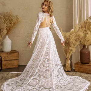 Boho Long Sleeve Wedding Dress Lace A-Line Dress Wedding Bohemian Embroidered Bridal Dress Detachable Sleeve Wedding Gown Boheme Wedding