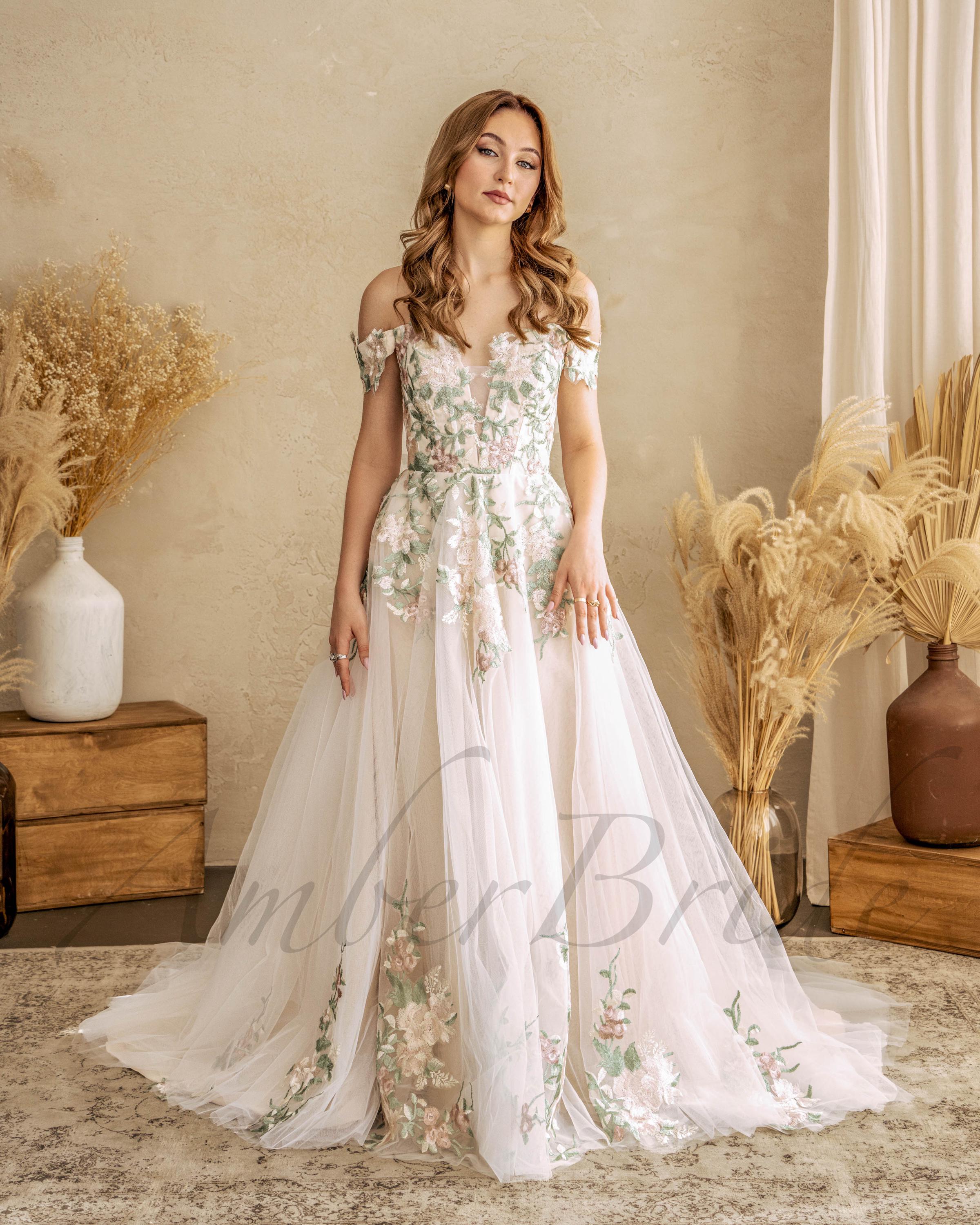 Floral off Shoulder Wedding Dress A Line Forest Dress