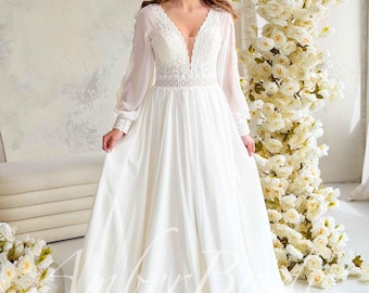 Kanten boho-trouwjurk met lange mouwen, chiffon boho bruidsjurk, vloeiende strandbruid met v-hals