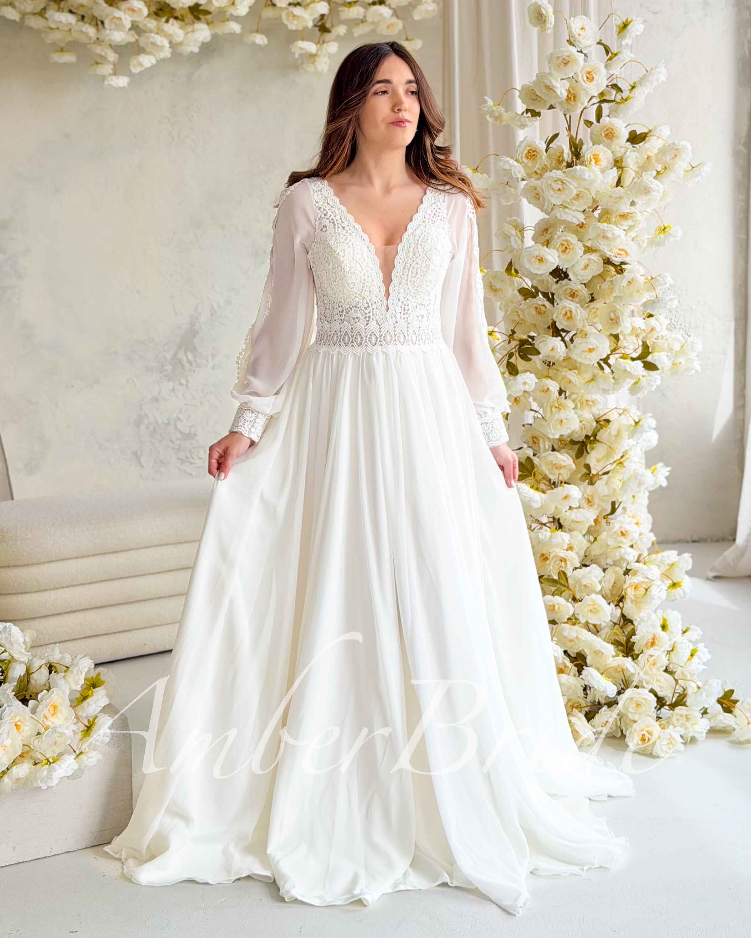 wedding dress with long lace sleeves Long Sleeve Lace Wedding Dress Off the Shoulder Fit & Flare Mermaid Ivory M Gigi by Grace Loves Lace