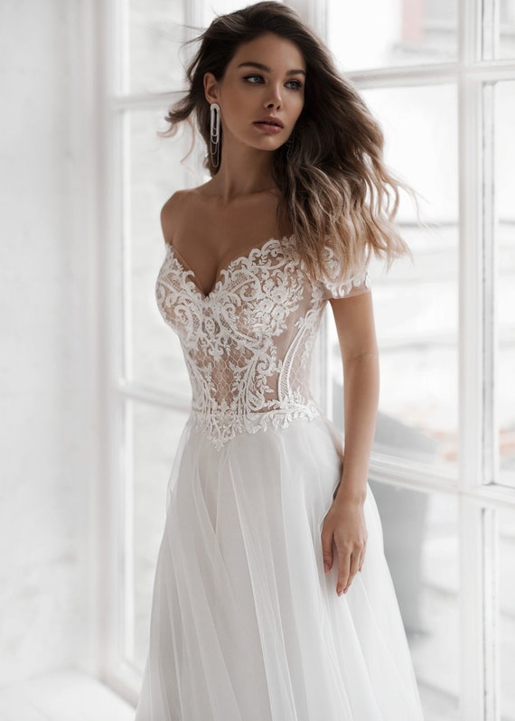 Boho Wedding Dress, Off Shoulder Wedding Dress, A Line Wedding Dress, Bohemian Wedding Dress, Tulle Wedding Dress, Simple Boho Wedding Dress