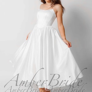 Vestido de novia corto de satén con cintura vasca, sencillo, largo hasta la rodilla, sin tirantes, midi, para recepción de boda, corto