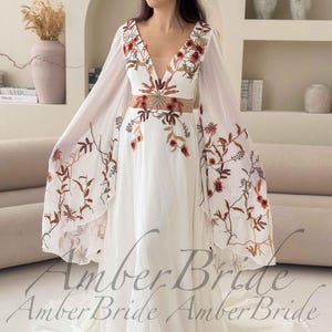 Boho Wedding Dress with Dramatic Butterfly Sleeves, 70s Inspired Floral Bridal Gown, Sheer Waist A-Line Dress, Unique Colorful Embroidery image 3