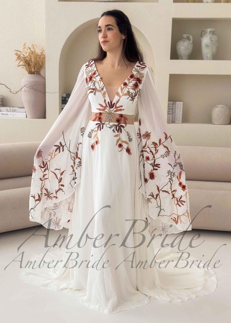 Boho Wedding Dress with Dramatic Butterfly Sleeves, 70s Inspired Floral Bridal Gown, Sheer Waist A-Line Dress, Unique Colorful Embroidery image 3
