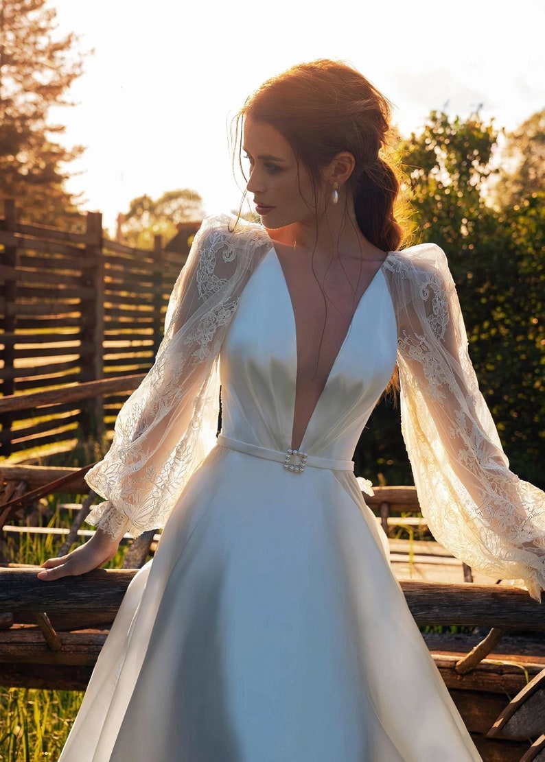 Boho Wedding Dress A Line Wedding Dress Long Sleeve Wedding Etsy