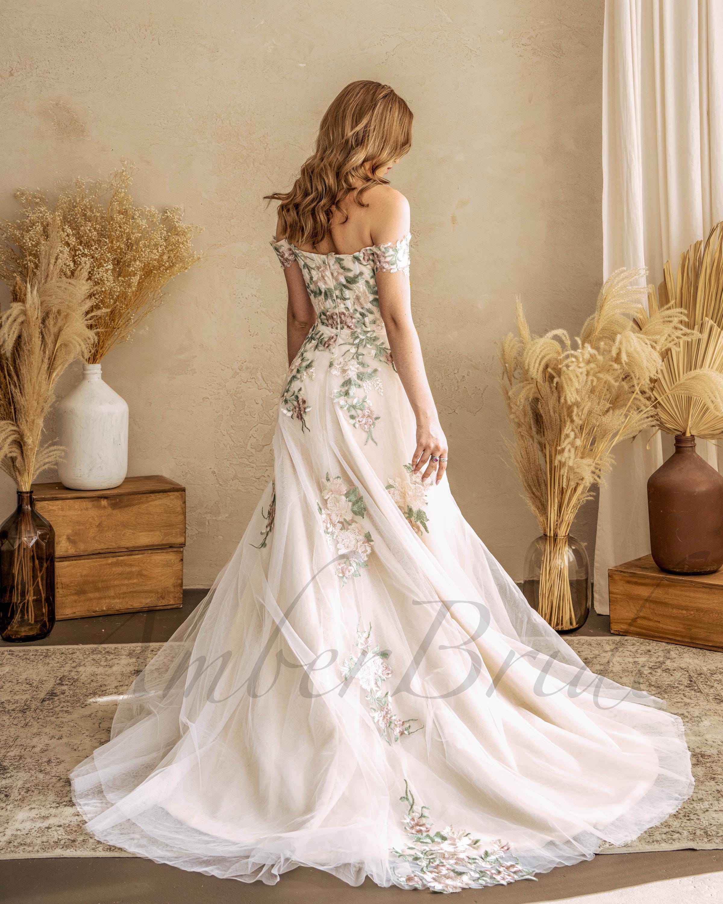 Floral off Shoulder Wedding Dress A Line Forest Dress Wedding Colorful Floral off Shoulder Wedding Dress A Line Forest Dress Wedding Colorful