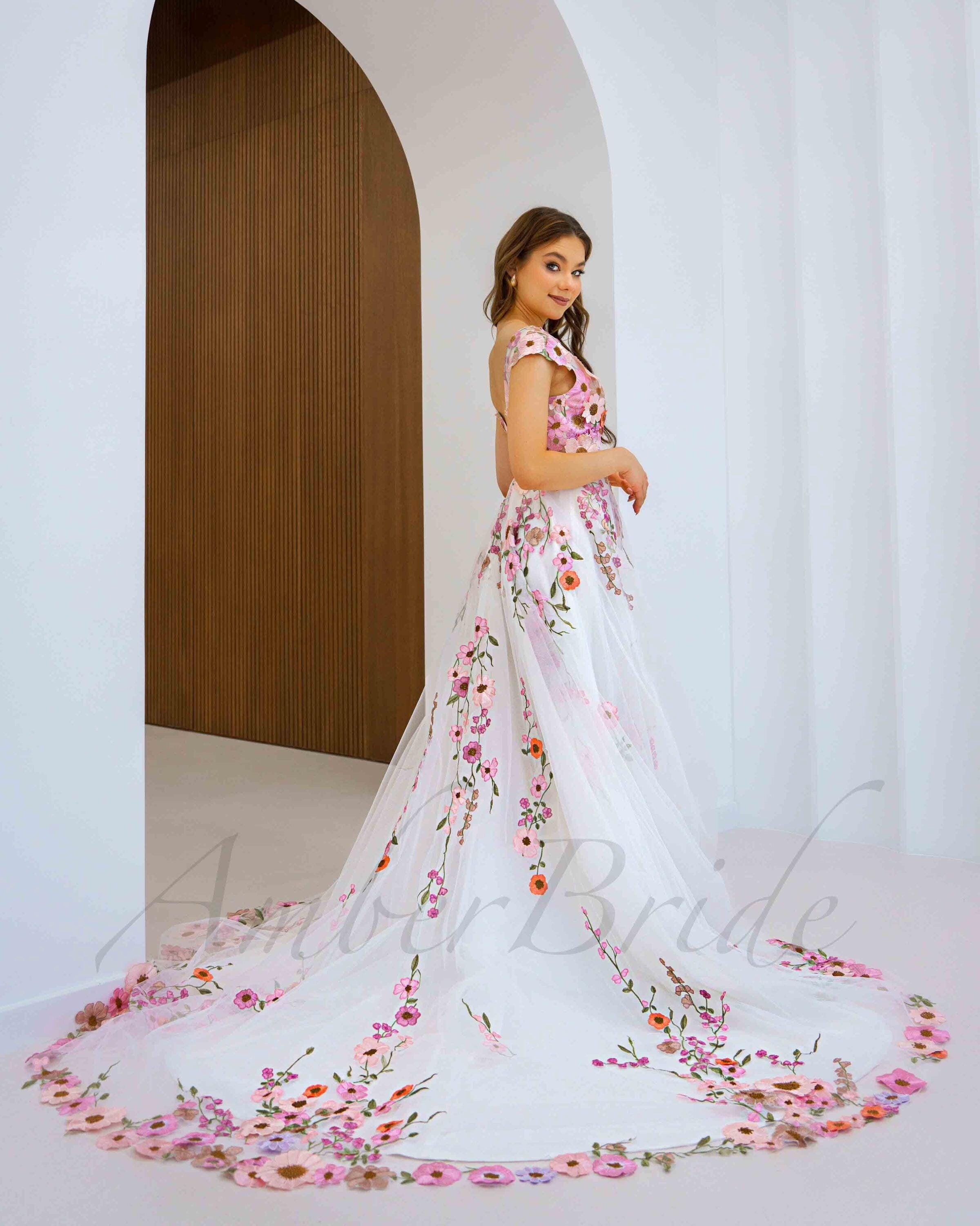 Pink Floral Wedding Dress Colorful Flower Bridal Dress Fantasy Pink Floral Wedding Dress Colorful Flower Bridal Dress Fantasy