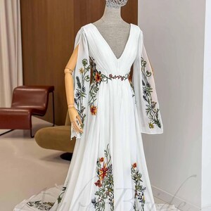 Black Gothic Wedding Dress Floral Embroidered Cape Sleeve Wedding Gown Pagan Witchy Bridal Gown Forest Fairy Woodland Wedding Dress Boho image 6