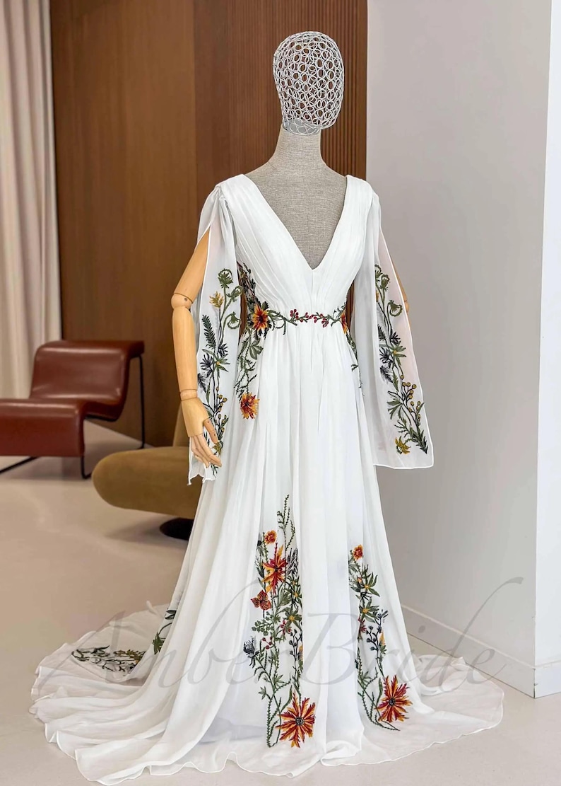 Black Gothic Wedding Dress Floral Embroidered Cape Sleeve Wedding Gown Pagan Witchy Bridal Gown Forest Fairy Woodland Wedding Dress Boho image 6