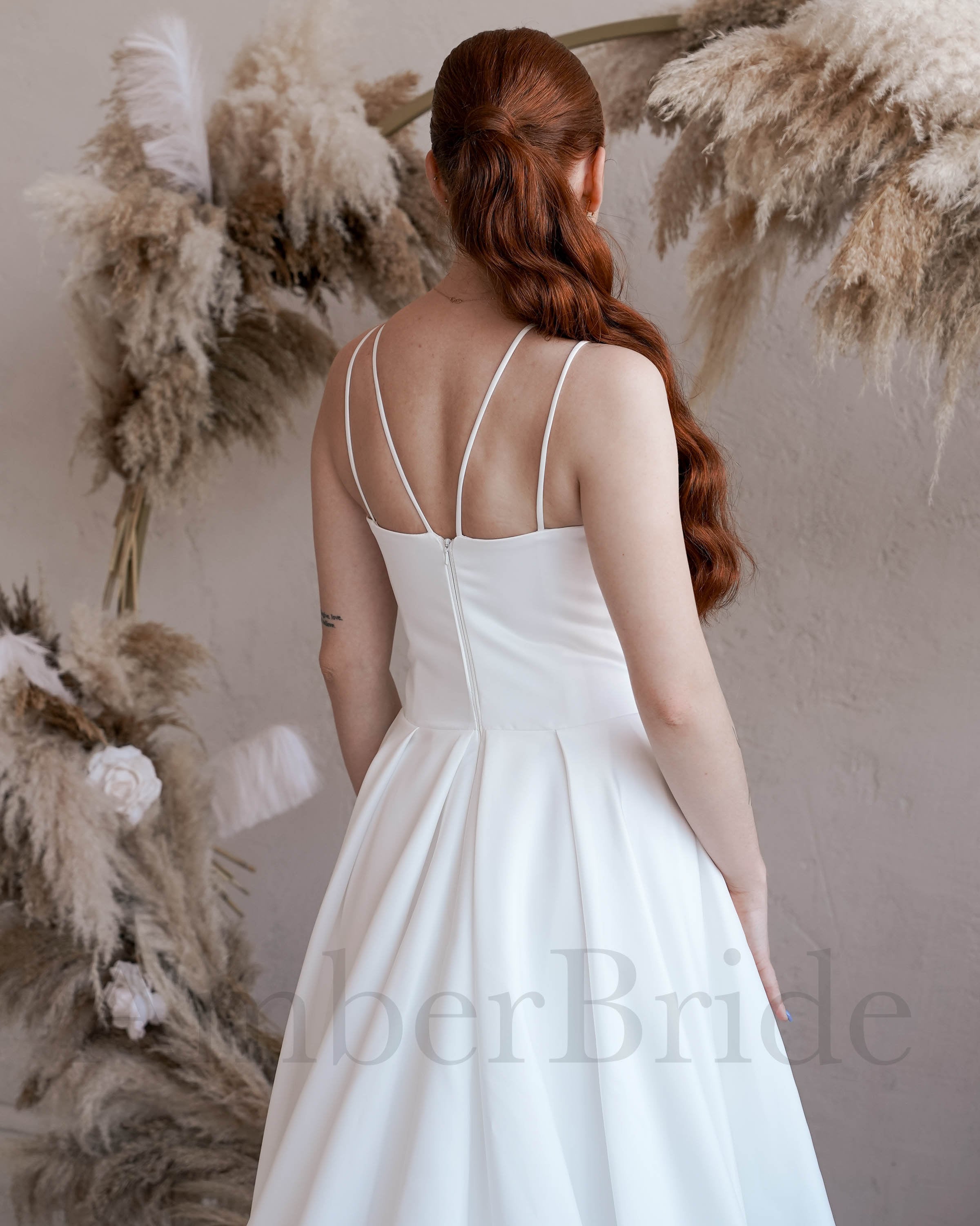 navy blue dress for baby girl A Line Satin Wedding Dress, Spaghetti Strap Wedding Dress, Elegant Wedding  Dress, Simple Wedding Dress, V Neck A Line Wedding Dress