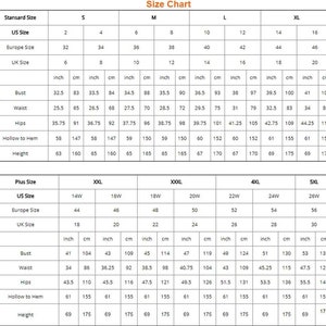 May include: Size chart for clothing with measurements in inches and centimeters. The chart includes standard sizes, plus sizes, US sizes, European sizes, UK sizes, bust, waist, hips, hollow to hem, and height.