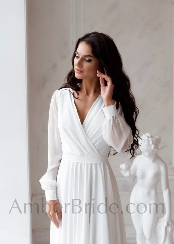 Long Sleeve Wedding Dress, Simple Wedding Dress, A-Line Wedding Dress, Minimalist Wedding Dress, Alternative Wedding Dress