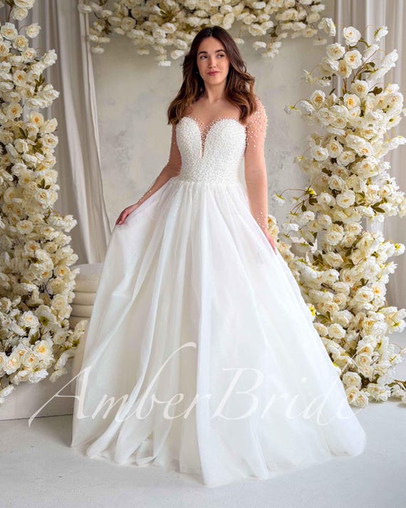 pearl beaded long sleeve wedding dress Bridal Gown, Illusion A-Line Tulle Color:Mint (6)
