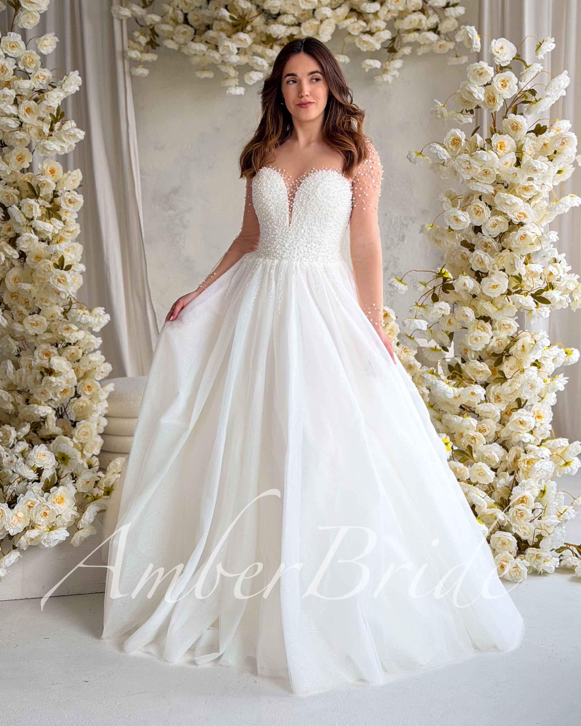 pearl beaded long sleeve wedding dress Glamorous Long Sleeve Pearls Wedding Dress V-Neck With Detachable Train Online