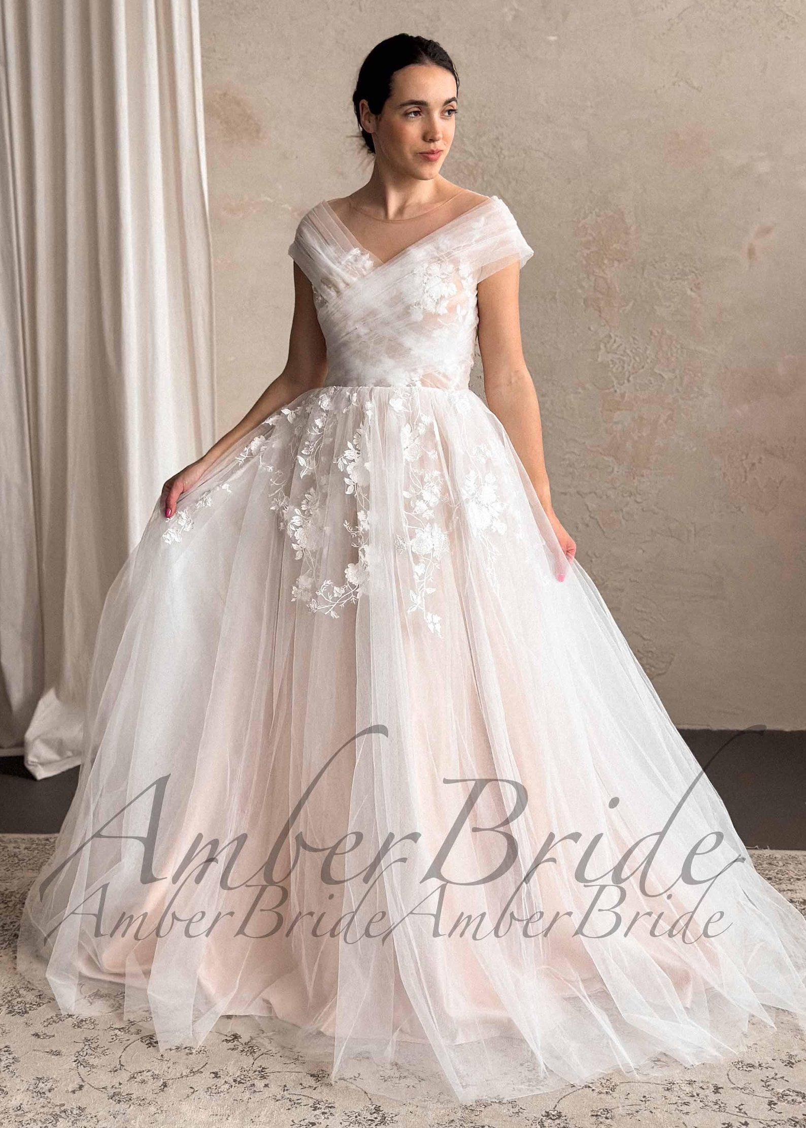 3D Floral Appliqué Off-Shoulder Tulle Gown – Romantic Glitter A-Line Formal Dress  CDCD962 main image 0