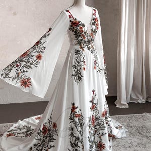 Boho Floral Wedding Dress Cape Sleeve Embroidered Dress Wedding Colorful Wildflower Wedding Gown Hippie Long Wide Sleeve Bridal Dress Fairy