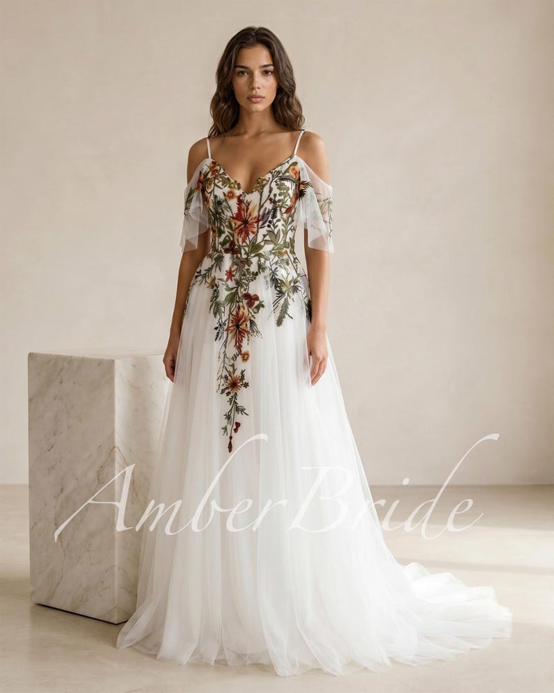 Colorful Floral Embroidered Tulle Wedding Dress Boho A-Line Bridal Gown image 1
