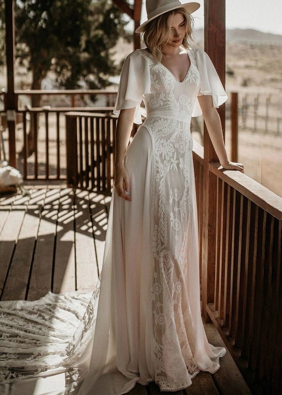 Bohemian Wedding Dress Flutter Sleeve Wedding Dress Open - Etsy