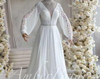 Vintage trouwjurk met bisschopsmouwen, romantische kanten bruidsjurk, rustieke bruidoutfit met landelijke tuin