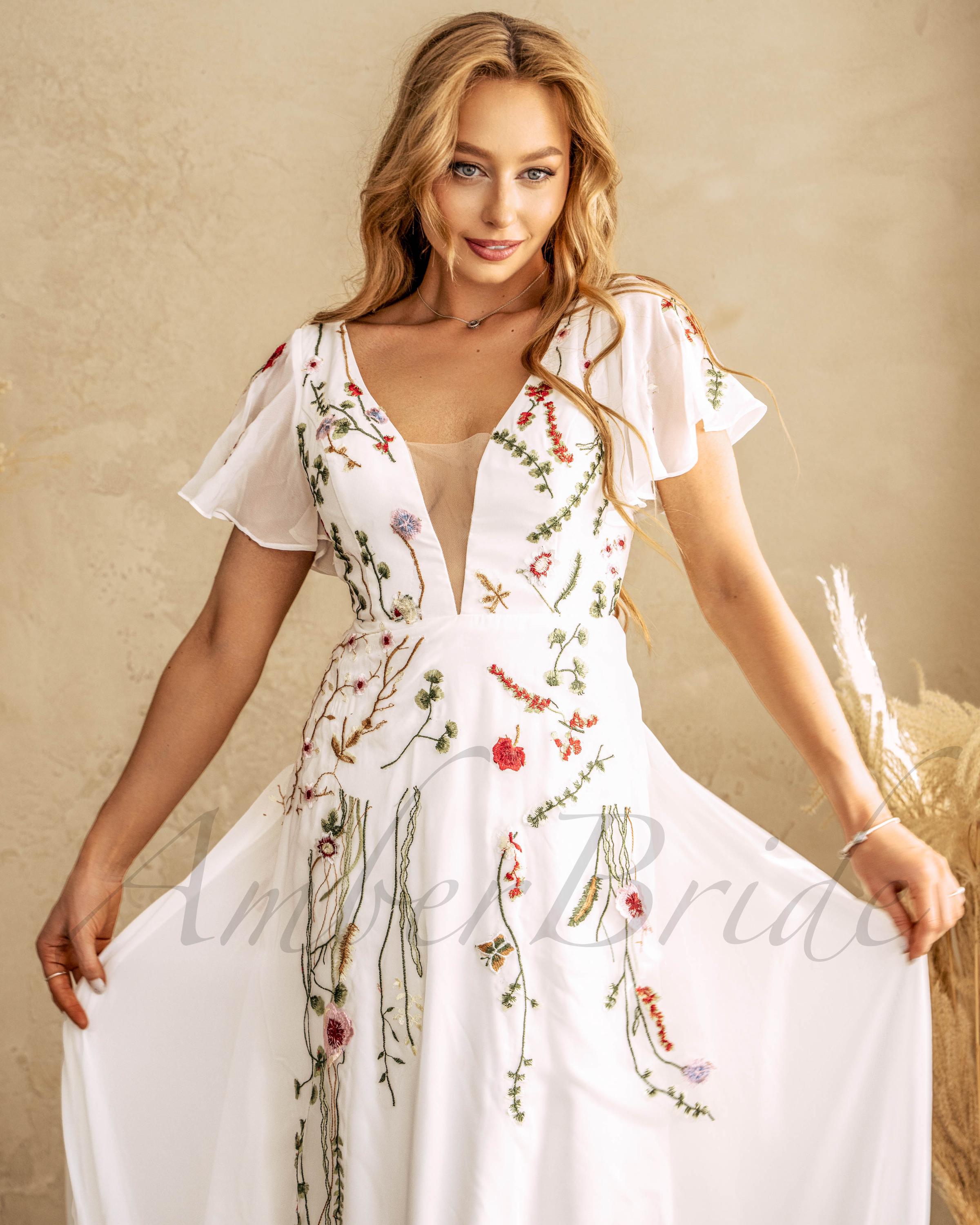 Flutter Sleeve Wedding Dress With Flowers Floral Dress Wedding Colorful Flutter Sleeve Wedding Dress With Flowers Floral Dress Wedding Colorful