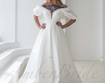 Off Shoulder Satin A Line Wedding Dress with Draped Puff Sleeves and Pleated V Bodice