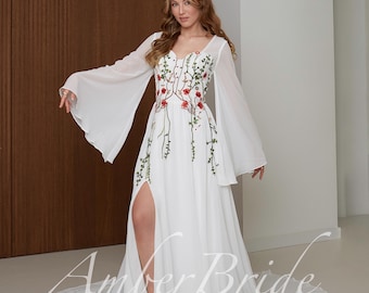White Chiffon Wedding Dress with Bell Sleeves, Red Floral Embroidery and Long Train