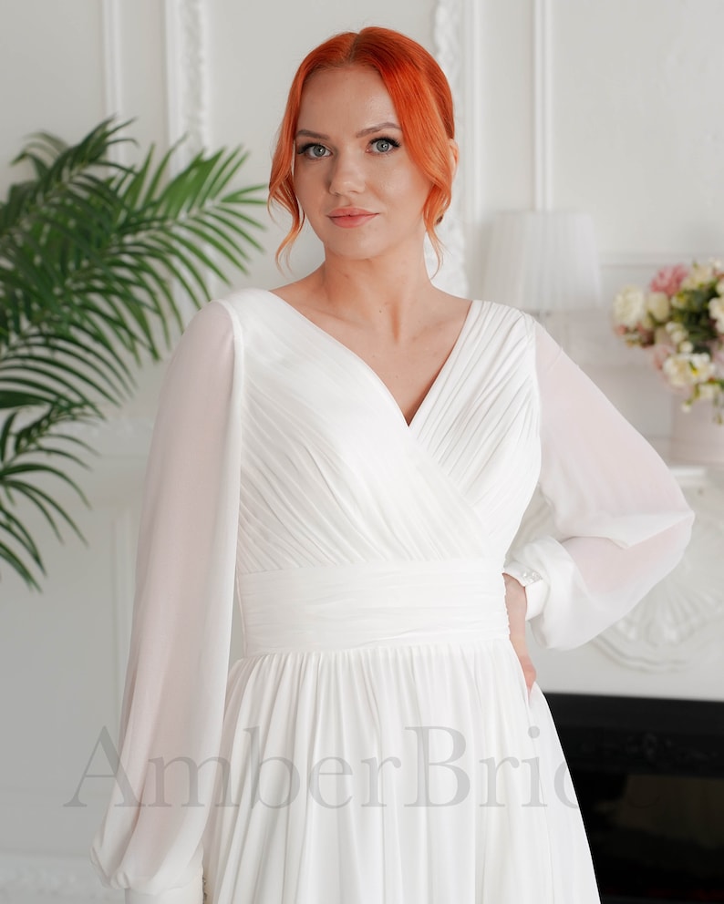 Simple Long Sleeve Wedding Dress Alternative Wedding Dress Elegant Wedding Dress Ethereal Wedding Dress Flowy Wedding Dress Reception Dress image 2