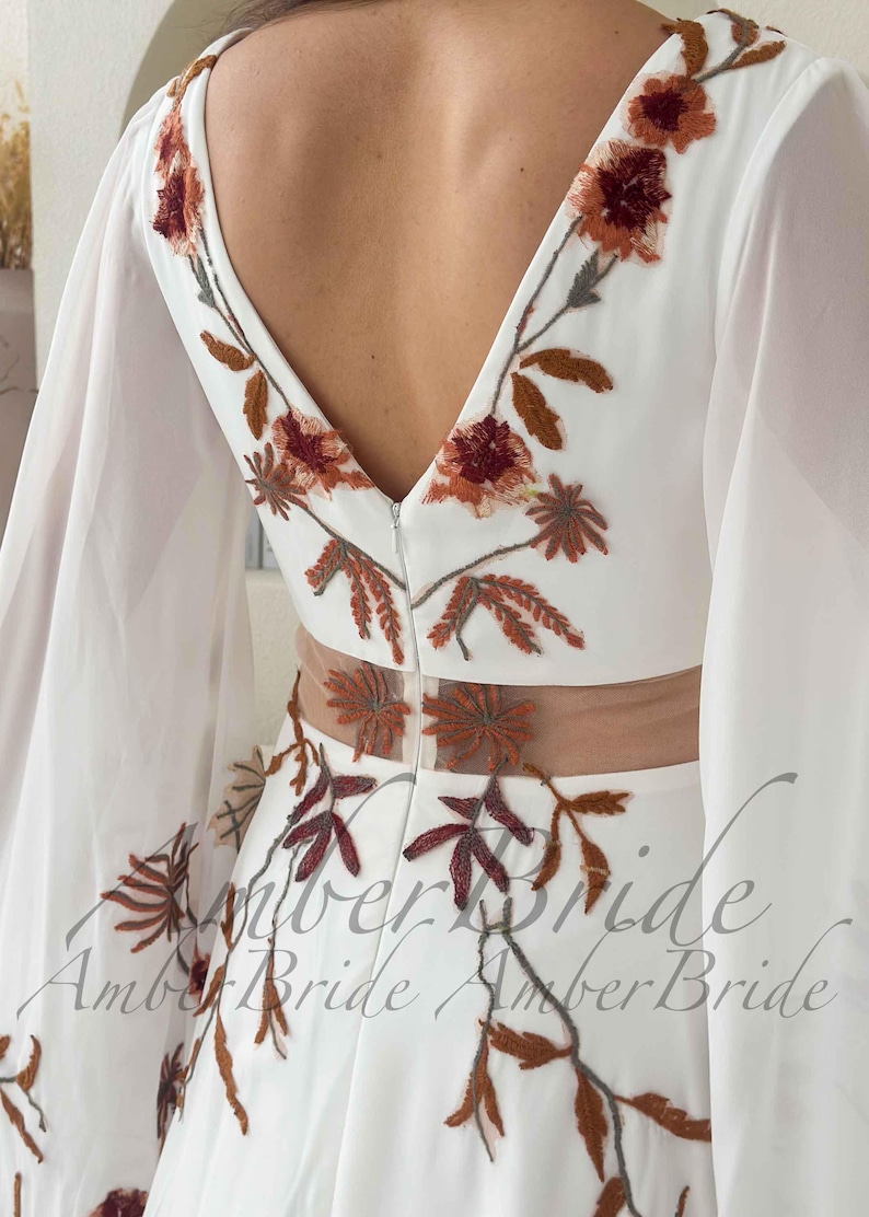 Boho Wedding Dress with Dramatic Butterfly Sleeves, 70s Inspired Floral Bridal Gown, Sheer Waist A-Line Dress, Unique Colorful Embroidery image 8