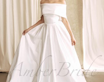 Simple Off Shoulder Wedding Dress A Line Satin Dress Wedding Minimalist Elegant Bridal Dress Classic Off The Shoulder Wedding Gown Corset