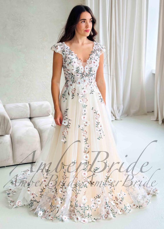 Colored Floral Wedding Dress A Line Embroidered Dress Wedding Fairy Enchanted Wedding Gown Garden Wildflower Bridal Dress Renaissance Dress