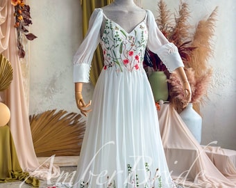 Meadow Wildflower Embroidered Chiffon Wedding Dress with Detachable Sleeves, Open Back and Long Train