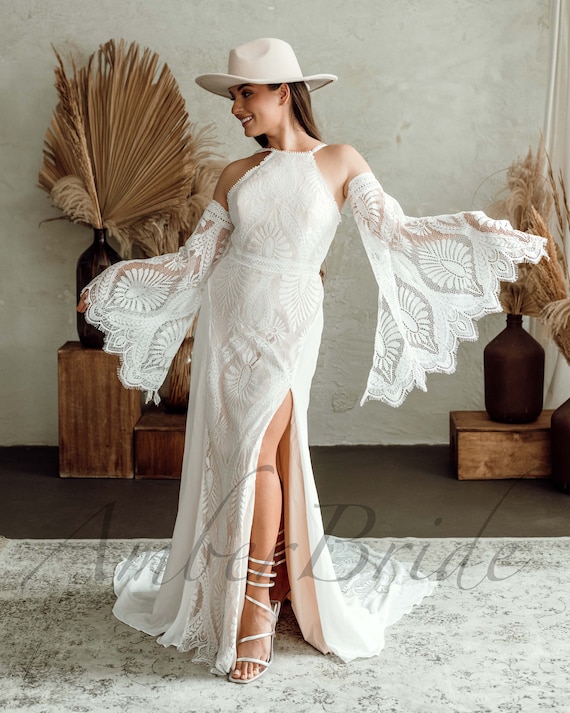 sam edelman floral embroidered strapless dress Lace Fit & Flare Wedding Dress with Off-Shoulder Sleeves – Lotus Threads  Bridal main image 1
